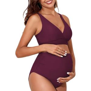 imageAmerican Trends Maternity Swimsuit High Waisted Bikini Set Two Piece Pregnancy Bathing Suit Swimwear Swimming SuitWine Red