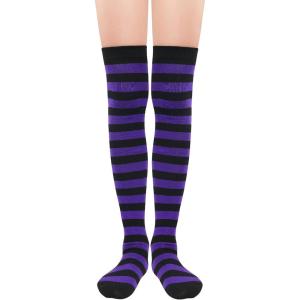 imageAmerican Trends Striped Knee High Socks for Women Thigh High Socks Long Leg Warmers01 Purple Black Stripes