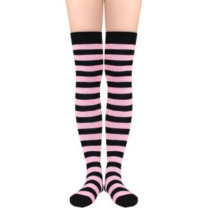 imageAmerican Trends Striped Knee High Socks for Women Thigh High Socks Long Leg Warmers02 Pink Black Stripes