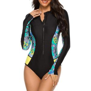 imageWomens Athletic One Piece Swimsuits Long Sleeve Swimsuit Sports Surfing Swimwear Bathing SuitsBlack Green Print