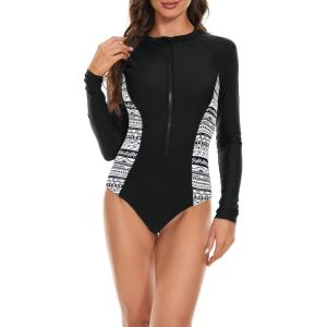imageWomens Athletic One Piece Swimsuits Long Sleeve Swimsuit Sports Surfing Swimwear Bathing SuitsBlack White Ripple