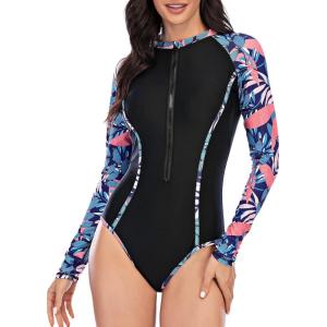 imageWomens Athletic One Piece Swimsuits Long Sleeve Swimsuit Sports Surfing Swimwear Bathing SuitsBlue Leaf