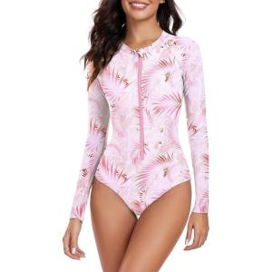 imageWomens Athletic One Piece Swimsuits Long Sleeve Swimsuit Sports Surfing Swimwear Bathing SuitsLeaf Pink