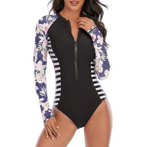 imageWomens Athletic One Piece Swimsuits Long Sleeve Swimsuit Sports Surfing Swimwear Bathing SuitsNavy Black Floral