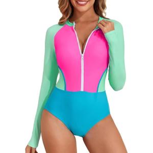 imageWomens Athletic One Piece Swimsuits Long Sleeve Swimsuit Sports Surfing Swimwear Bathing SuitsNeon Print