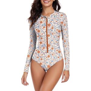 imageWomens Athletic One Piece Swimsuits Long Sleeve Swimsuit Sports Surfing Swimwear Bathing SuitsOrange Print
