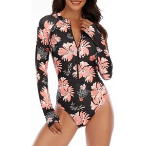 imageWomens Athletic One Piece Swimsuits Long Sleeve Swimsuit Sports Surfing Swimwear Bathing SuitsPink Flower