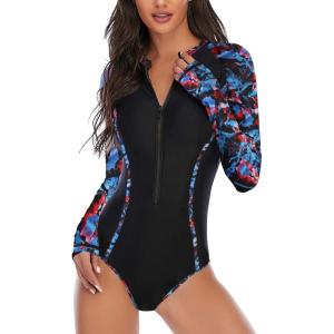 imageWomens Athletic One Piece Swimsuits Long Sleeve Swimsuit Sports Surfing Swimwear Bathing SuitsRed  Blue Stripe