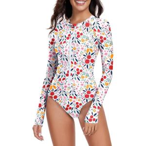 imageWomens Athletic One Piece Swimsuits Long Sleeve Swimsuit Sports Surfing Swimwear Bathing SuitsRed White Print