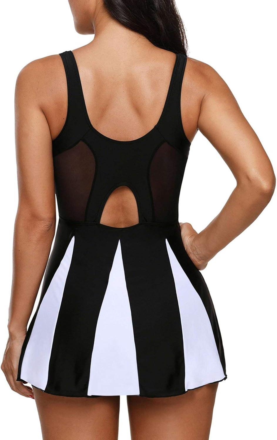 imageWomens Tummy Control Swimsuits Vintage Swim Dress One Piece Bathing Suits for Women Plus Size SwimdressBlackwhite