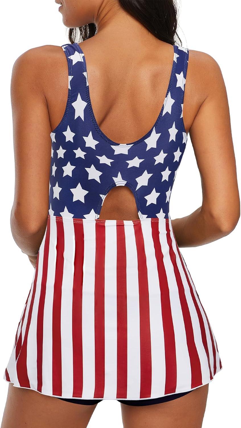 imageWomens Tummy Control Swimsuits Vintage Swim Dress One Piece Bathing Suits for Women Plus Size SwimdressFlag Print