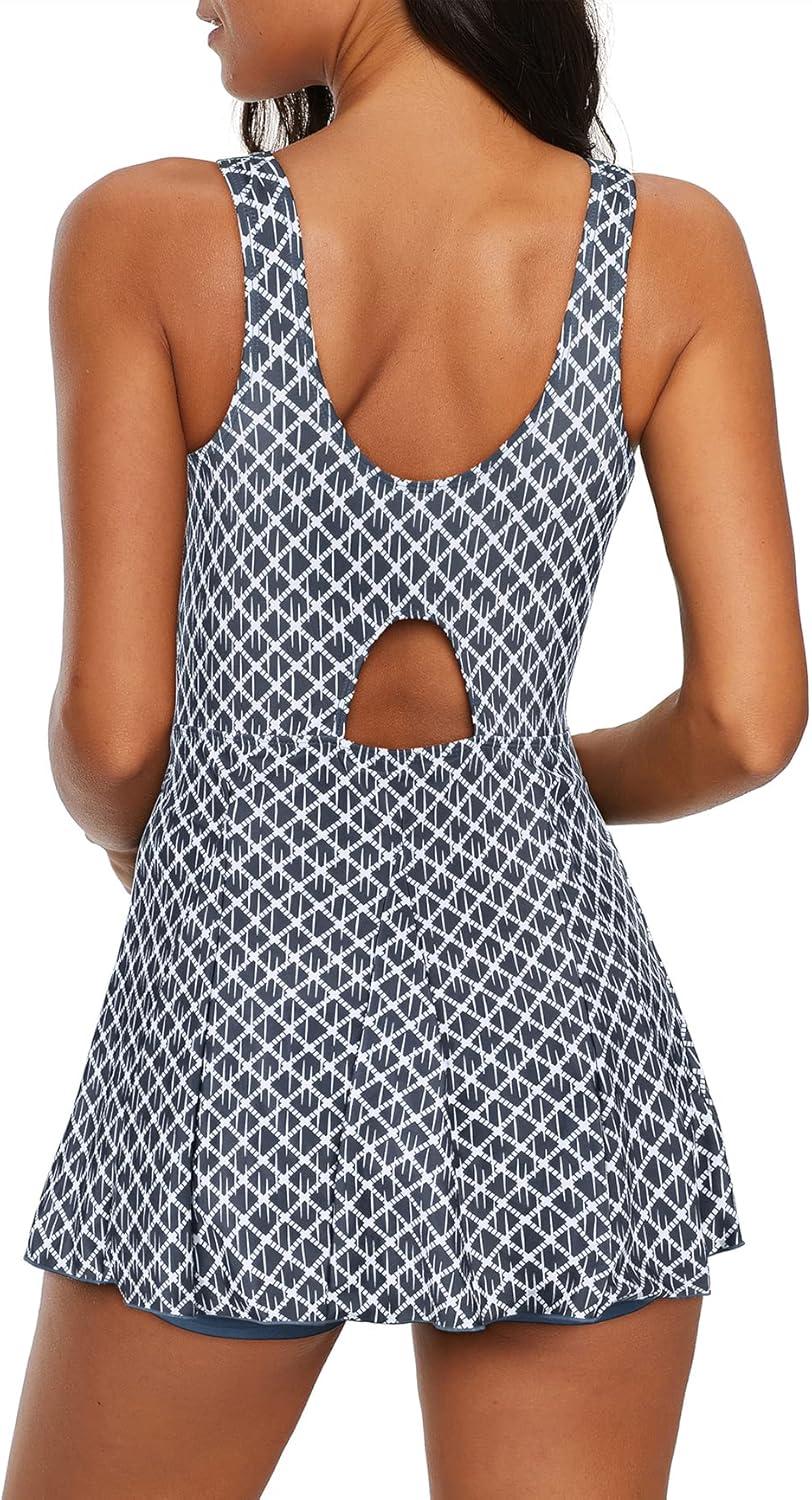 imageWomens Tummy Control Swimsuits Vintage Swim Dress One Piece Bathing Suits for Women Plus Size SwimdressGrey