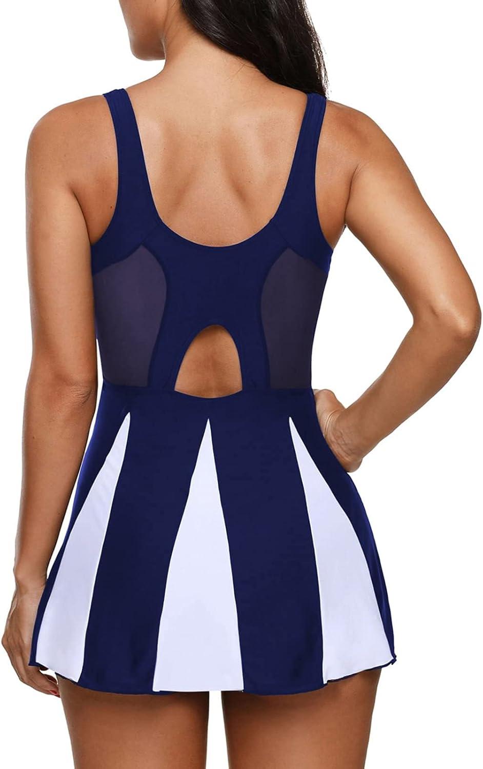 imageWomens Tummy Control Swimsuits Vintage Swim Dress One Piece Bathing Suits for Women Plus Size SwimdressNavy Blue