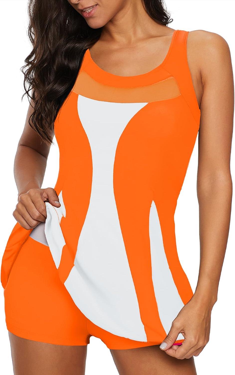 imageWomens Tummy Control Swimsuits Vintage Swim Dress One Piece Bathing Suits for Women Plus Size SwimdressOrange White