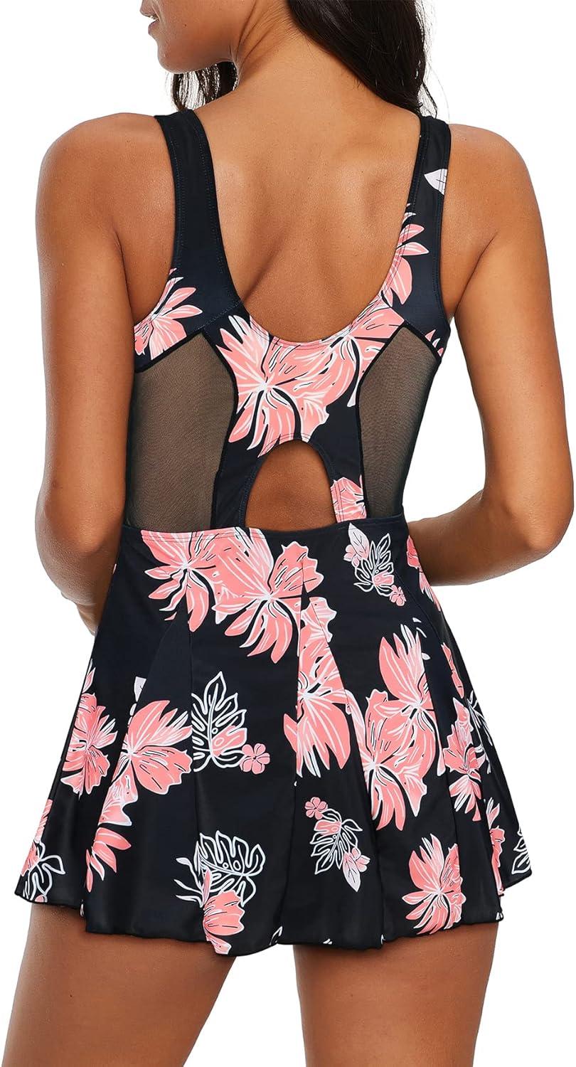 imageWomens Tummy Control Swimsuits Vintage Swim Dress One Piece Bathing Suits for Women Plus Size SwimdressPink Flower