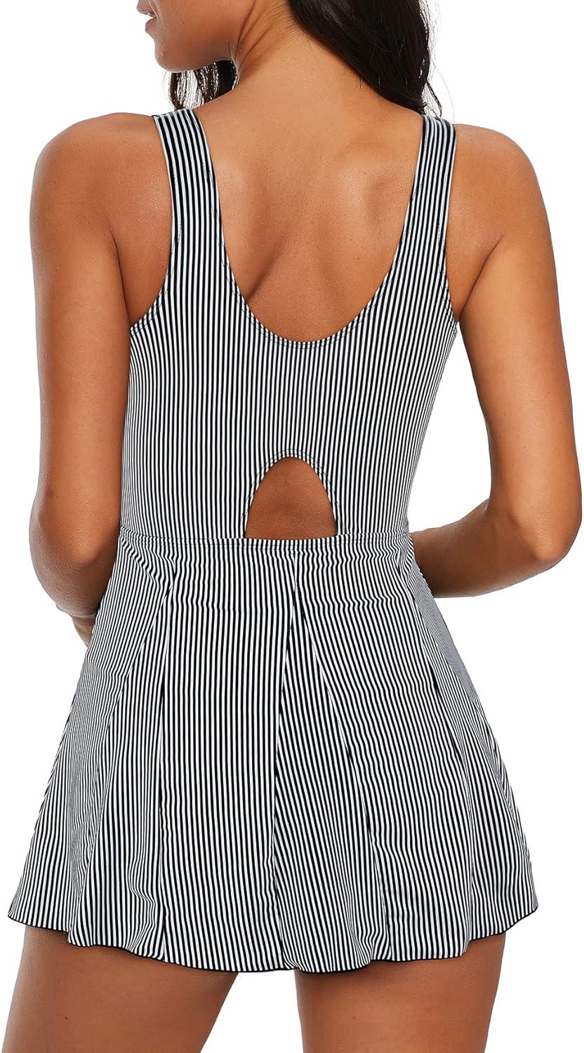 imageWomens Tummy Control Swimsuits Vintage Swim Dress One Piece Bathing Suits for Women Plus Size SwimdressStripe Swimdress