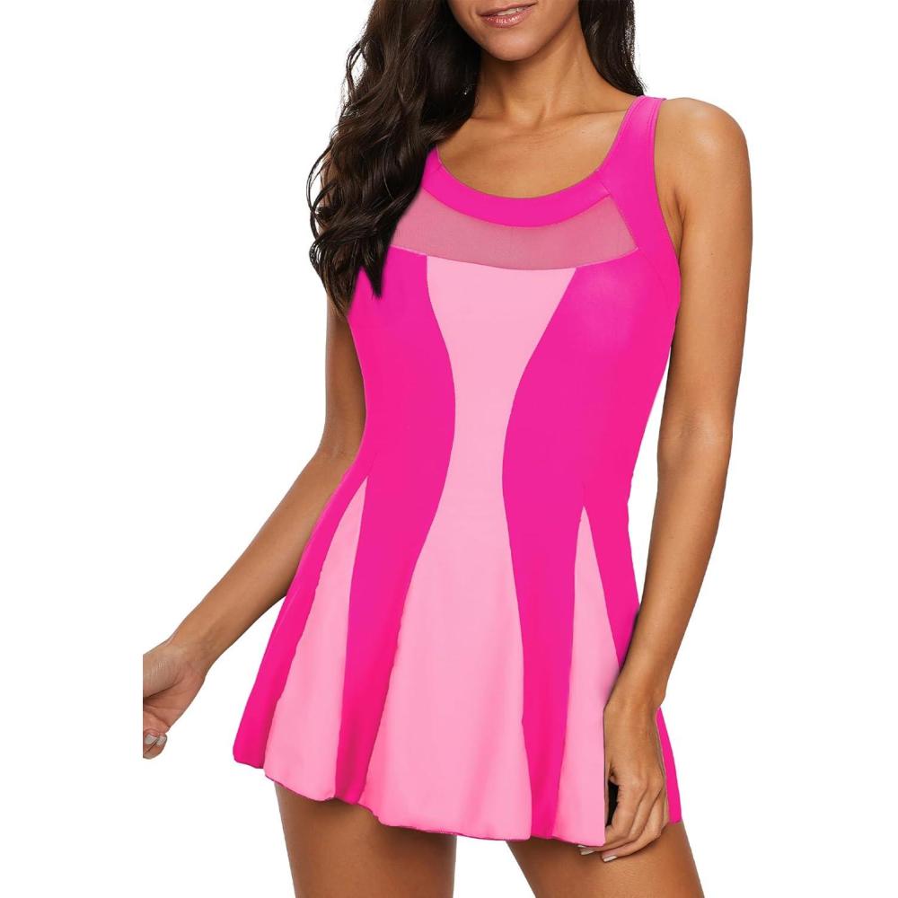 imageWomens Tummy Control Swimsuits Vintage Swim Dress One Piece Bathing Suits for Women Plus Size SwimdressHot Pink