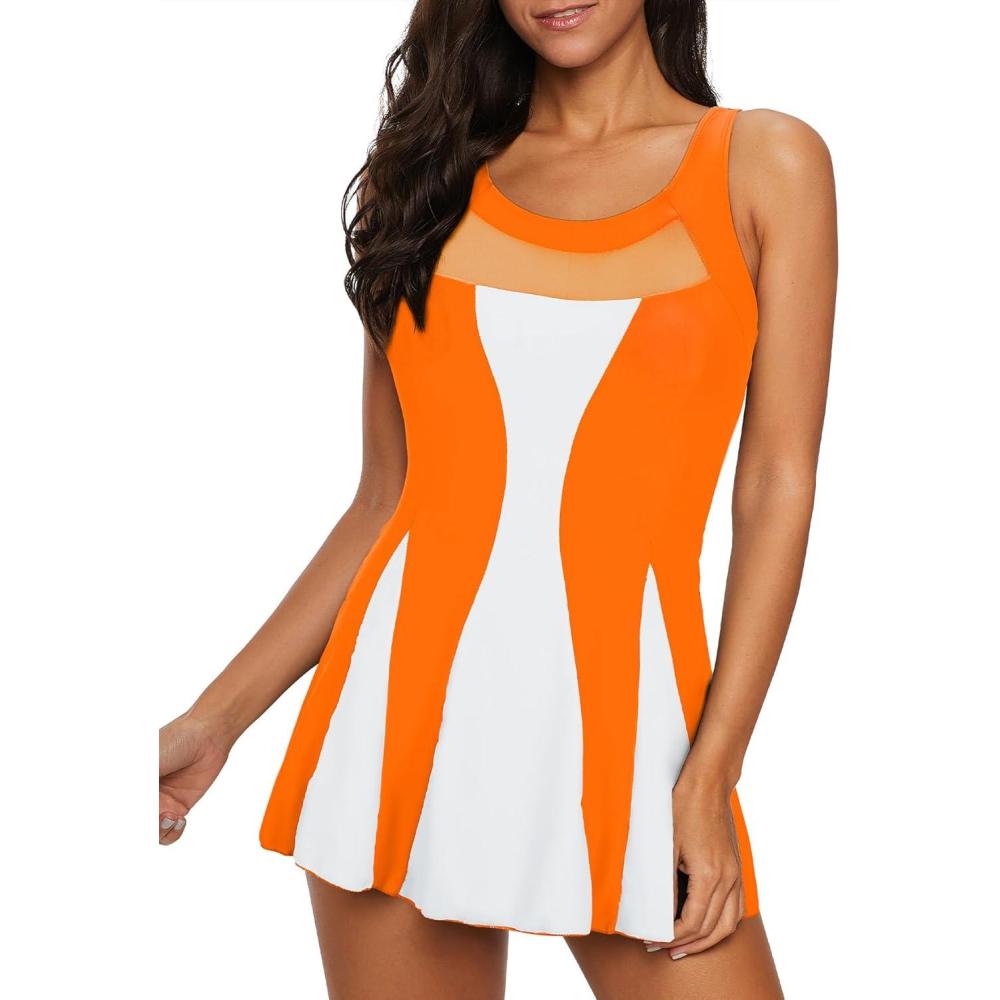 imageWomens Tummy Control Swimsuits Vintage Swim Dress One Piece Bathing Suits for Women Plus Size SwimdressOrange White