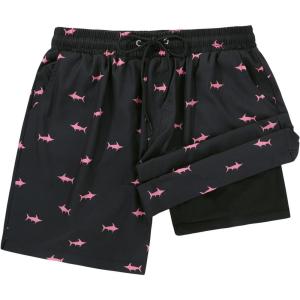 imageMens Swim Trunks Quick Dry Bathing Suits Novelty Board Shorts with Compression Liner Pink Shark 2XL