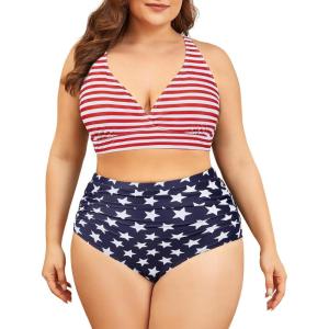imageAmerican Trends Womens Plus Size Bikini Two Piece Swimsuits Tummy Control Bathing Suits High Waisted Bikini SwimwearAmerican Flag