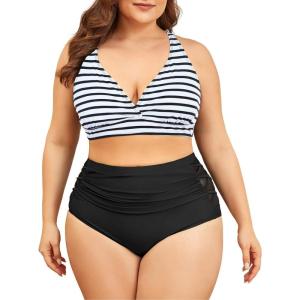 imageAmerican Trends Womens Plus Size Bikini Two Piece Swimsuits Tummy Control Bathing Suits High Waisted Bikini SwimwearBlack White Stripe