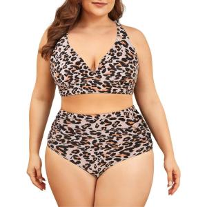 imageAmerican Trends Womens Plus Size Bikini Two Piece Swimsuits Tummy Control Bathing Suits High Waisted Bikini SwimwearLeopard Print