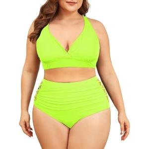 imageAmerican Trends Womens Plus Size Bikini Two Piece Swimsuits Tummy Control Bathing Suits High Waisted Bikini SwimwearNeon Yellow