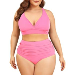 imageAmerican Trends Womens Plus Size Bikini Two Piece Swimsuits Tummy Control Bathing Suits High Waisted Bikini SwimwearPink