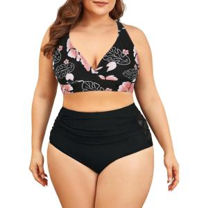 imageAmerican Trends Womens Plus Size Bikini Two Piece Swimsuits Tummy Control Bathing Suits High Waisted Bikini SwimwearPink Flower