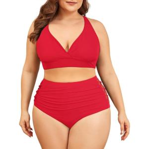 imageAmerican Trends Womens Plus Size Bikini Two Piece Swimsuits Tummy Control Bathing Suits High Waisted Bikini SwimwearRed