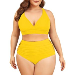 imageAmerican Trends Womens Plus Size Bikini Two Piece Swimsuits Tummy Control Bathing Suits High Waisted Bikini SwimwearYellow