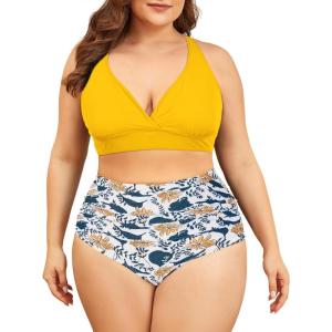 imageAmerican Trends Womens Plus Size Bikini Two Piece Swimsuits Tummy Control Bathing Suits High Waisted Bikini SwimwearYellow Print