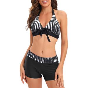 imageWomens Sporty Two Piece Swimsuits Halter Push Up Bathing Suits Athletic Swimwear for WomenBlack Square
