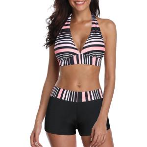 imageWomens Sporty Two Piece Swimsuits Halter Push Up Bathing Suits Athletic Swimwear for WomenPink Black Stripe