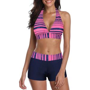 imageWomens Sporty Two Piece Swimsuits Halter Push Up Bathing Suits Athletic Swimwear for WomenPink Blue Stripe