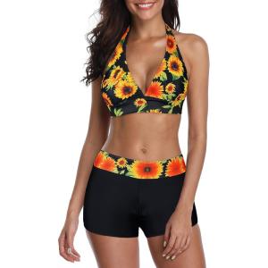 imageWomens Sporty Two Piece Swimsuits Halter Push Up Bathing Suits Athletic Swimwear for WomenSunflower