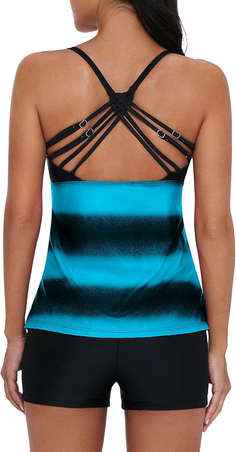 imageAmerican Trends Tankini Swimsuits for Women Two Piece Bathing Suits Tankini Top with Boyshorts Swimwear for Women01 Round Neck Blue
