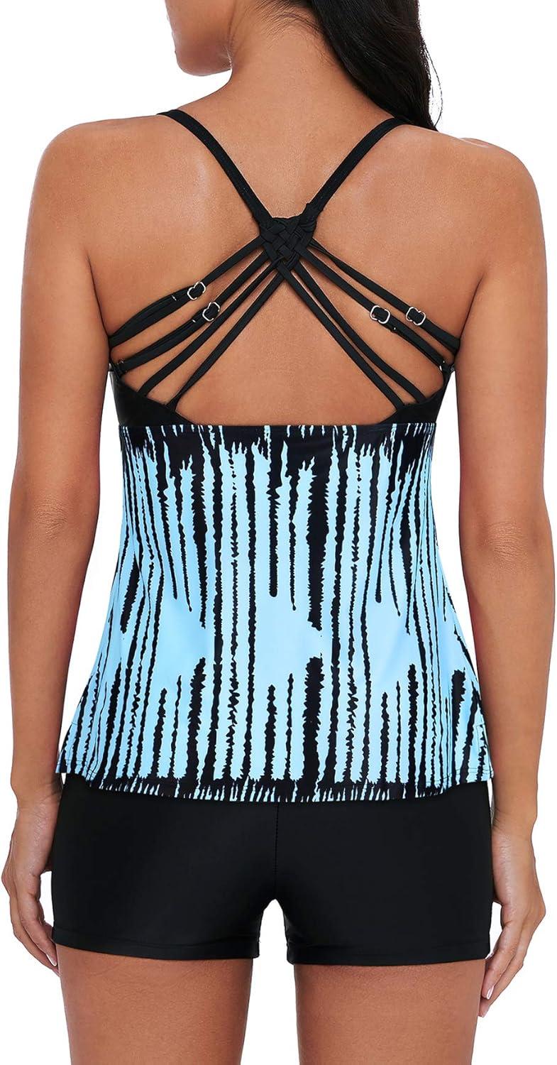 imageAmerican Trends Tankini Swimsuits for Women Two Piece Bathing Suits Tankini Top with Boyshorts Swimwear for Women03 Blue White
