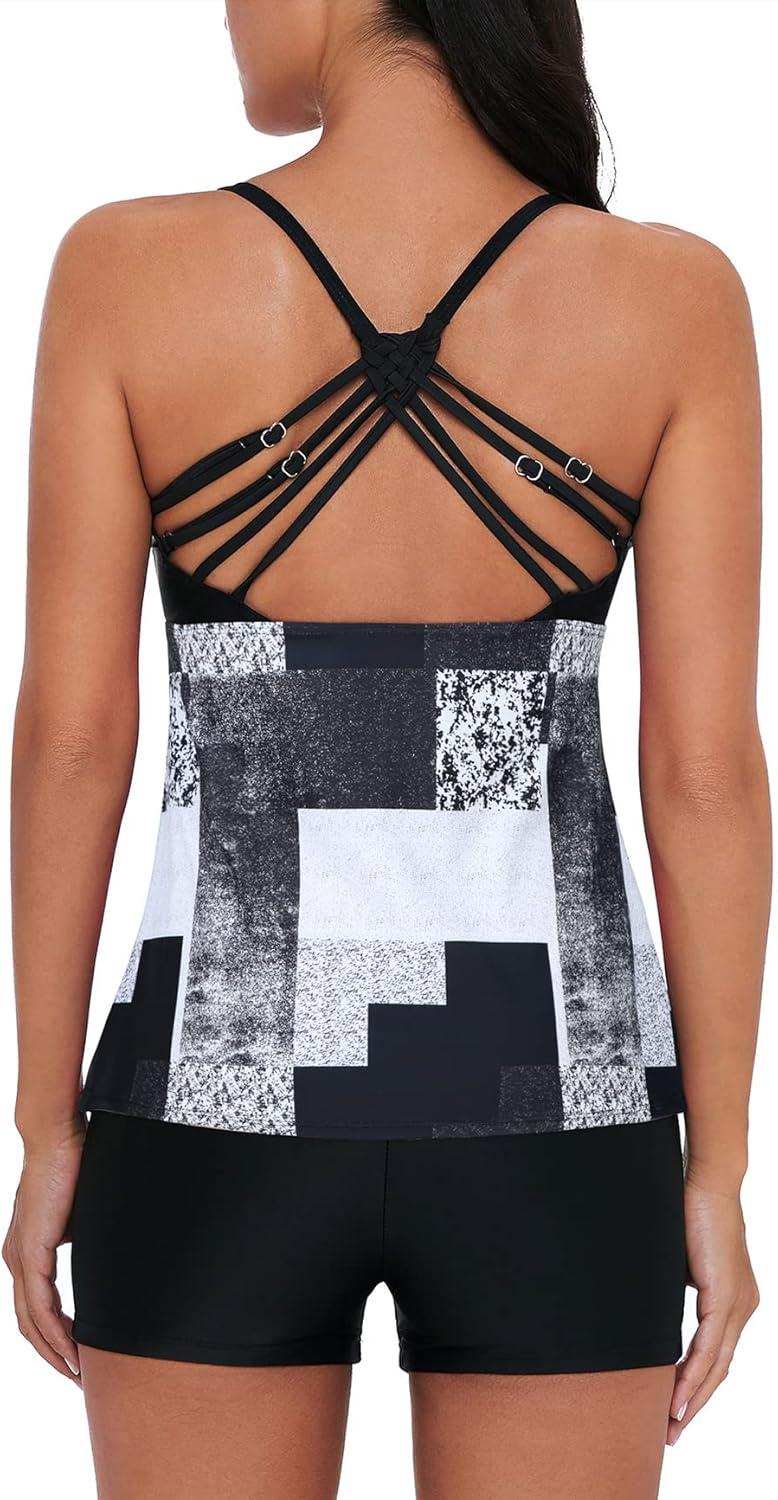 imageAmerican Trends Tankini Swimsuits for Women Two Piece Bathing Suits Tankini Top with Boyshorts Swimwear for WomenBlack White Grid