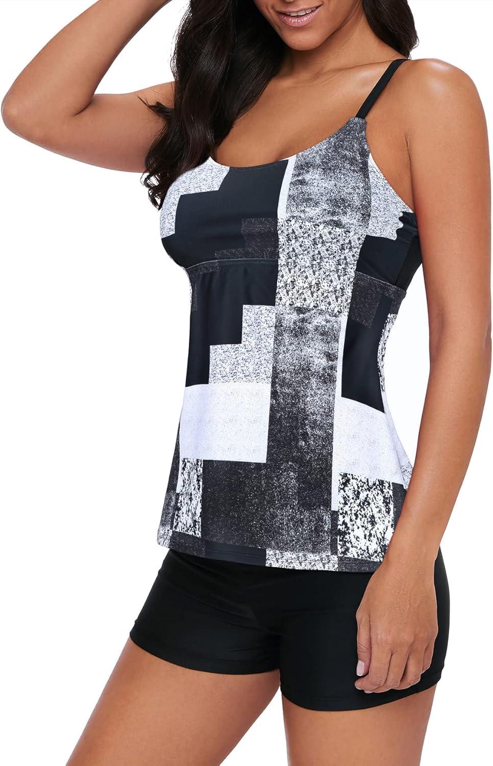 imageAmerican Trends Tankini Swimsuits for Women Two Piece Bathing Suits Tankini Top with Boyshorts Swimwear for WomenBlack White Grid