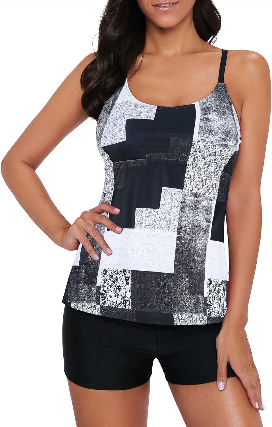 imageAmerican Trends Tankini Swimsuits for Women Two Piece Bathing Suits Tankini Top with Boyshorts Swimwear for WomenBlack White Grid