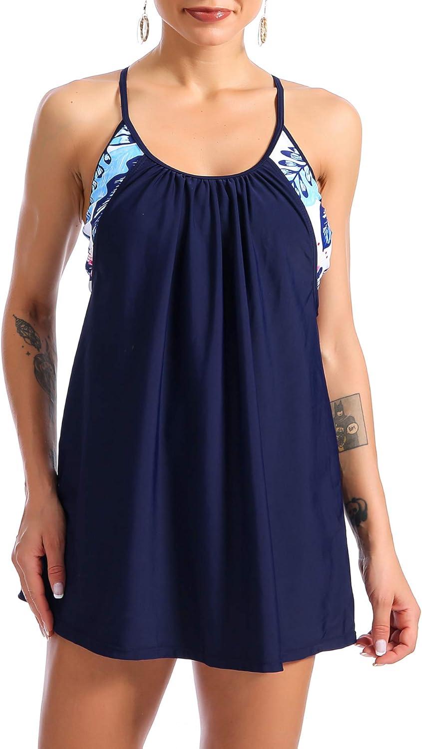imageAmerican Trends Tankini Swimsuits for Women Two Piece Bathing Suits Tankini Top with Boyshorts Swimwear for WomenNavy Blue Print