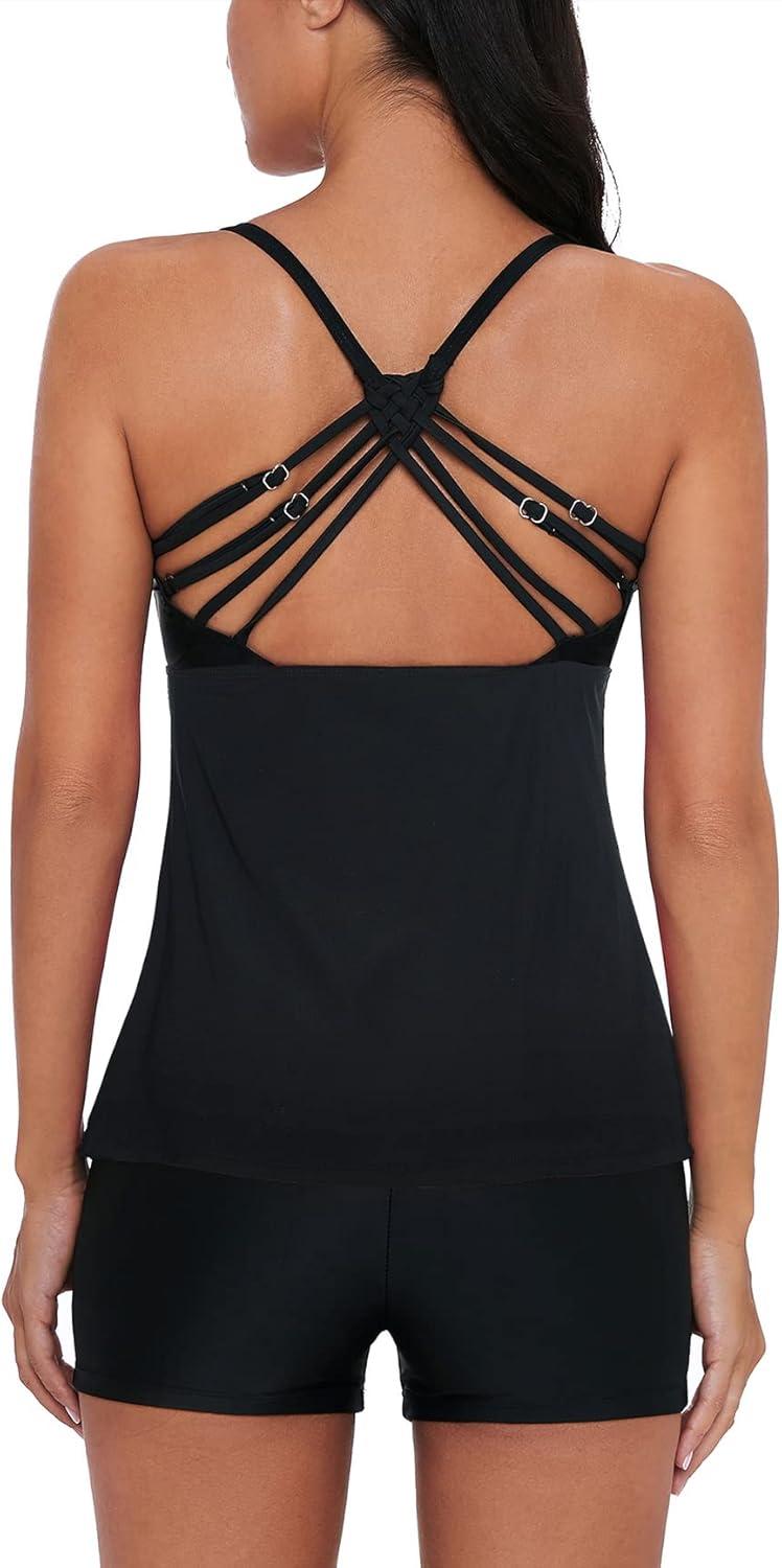 imageAmerican Trends Tankini Swimsuits for Women Two Piece Bathing Suits Tankini Top with Boyshorts Swimwear for WomenPure Black