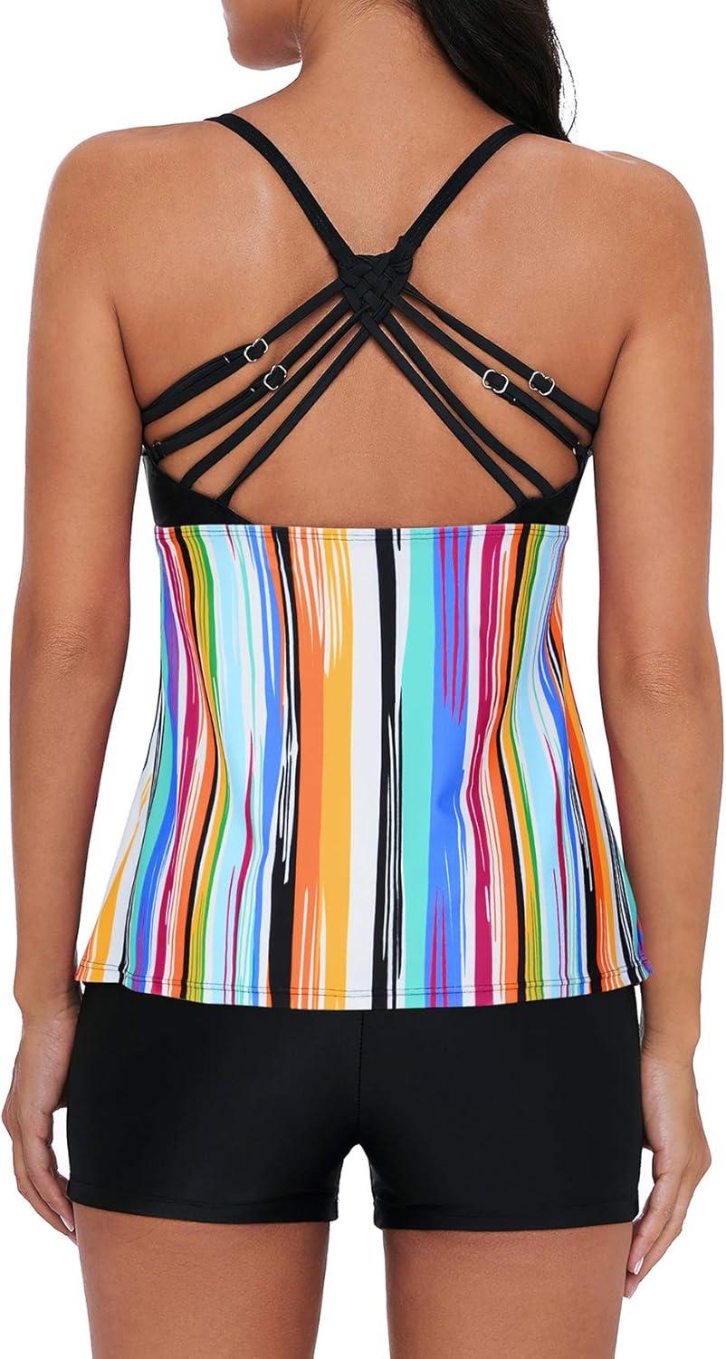 imageAmerican Trends Tankini Swimsuits for Women Two Piece Bathing Suits Tankini Top with Boyshorts Swimwear for WomenRainbow Striped