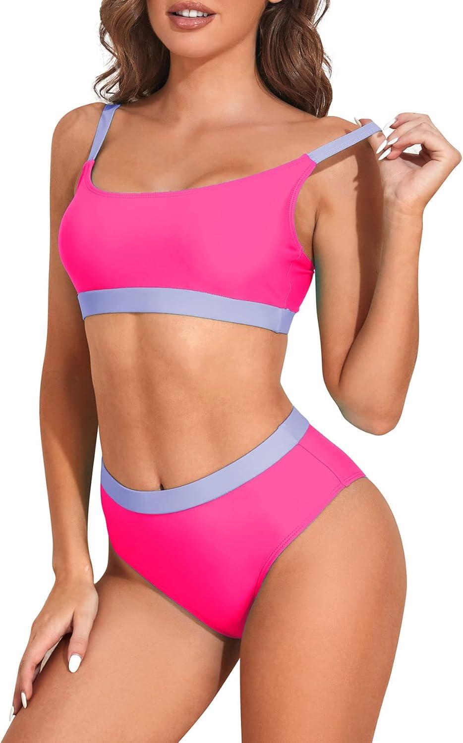 imageAmerican Trends Women High Waisted Cute Bikini Set Neon Bikini Two Piece Teen Swimsuit 2 Piece Bathing Suits Color BlockPink Purple Set