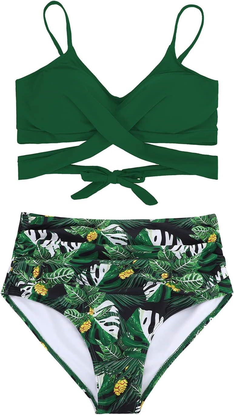 imageAmerican Trends Womens High Waisted Bikini Swimsuits Push Up Bikini Sets Sexy Bathing Suits Two Piece SwimsuitGreen Floral Print