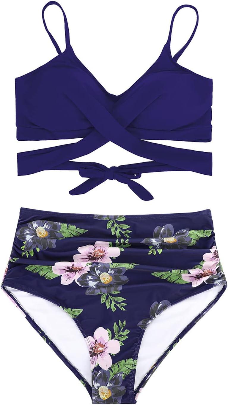 imageAmerican Trends Womens High Waisted Bikini Swimsuits Push Up Bikini Sets Sexy Bathing Suits Two Piece SwimsuitNavy Floral Print