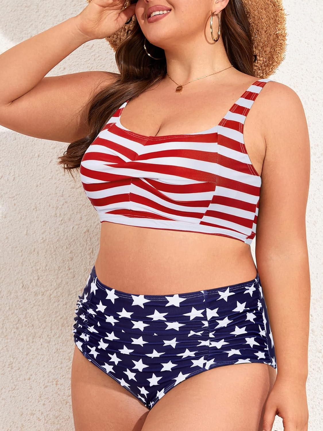 imageAmerican Trends Womens Plus Size Bikini 2 Piece Plus Size Swimsuits Tummy Control Bathing Suits High Waisted BikiniAmerican Flag