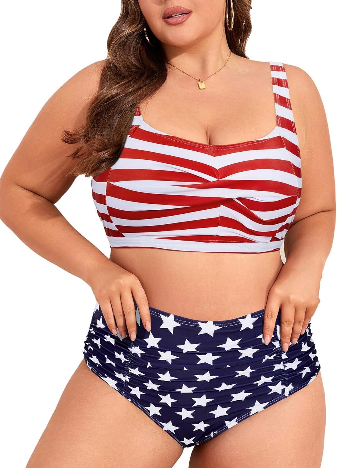 imageAmerican Trends Womens Plus Size Bikini 2 Piece Plus Size Swimsuits Tummy Control Bathing Suits High Waisted BikiniAmerican Flag