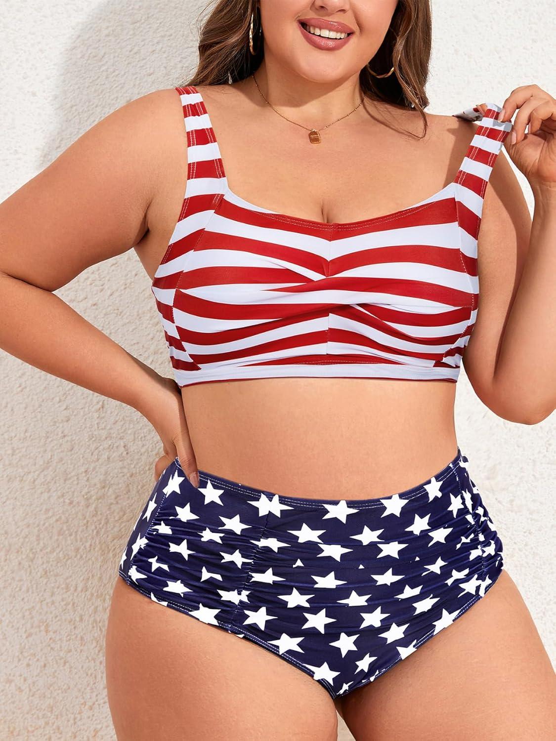 imageAmerican Trends Womens Plus Size Bikini 2 Piece Plus Size Swimsuits Tummy Control Bathing Suits High Waisted BikiniAmerican Flag